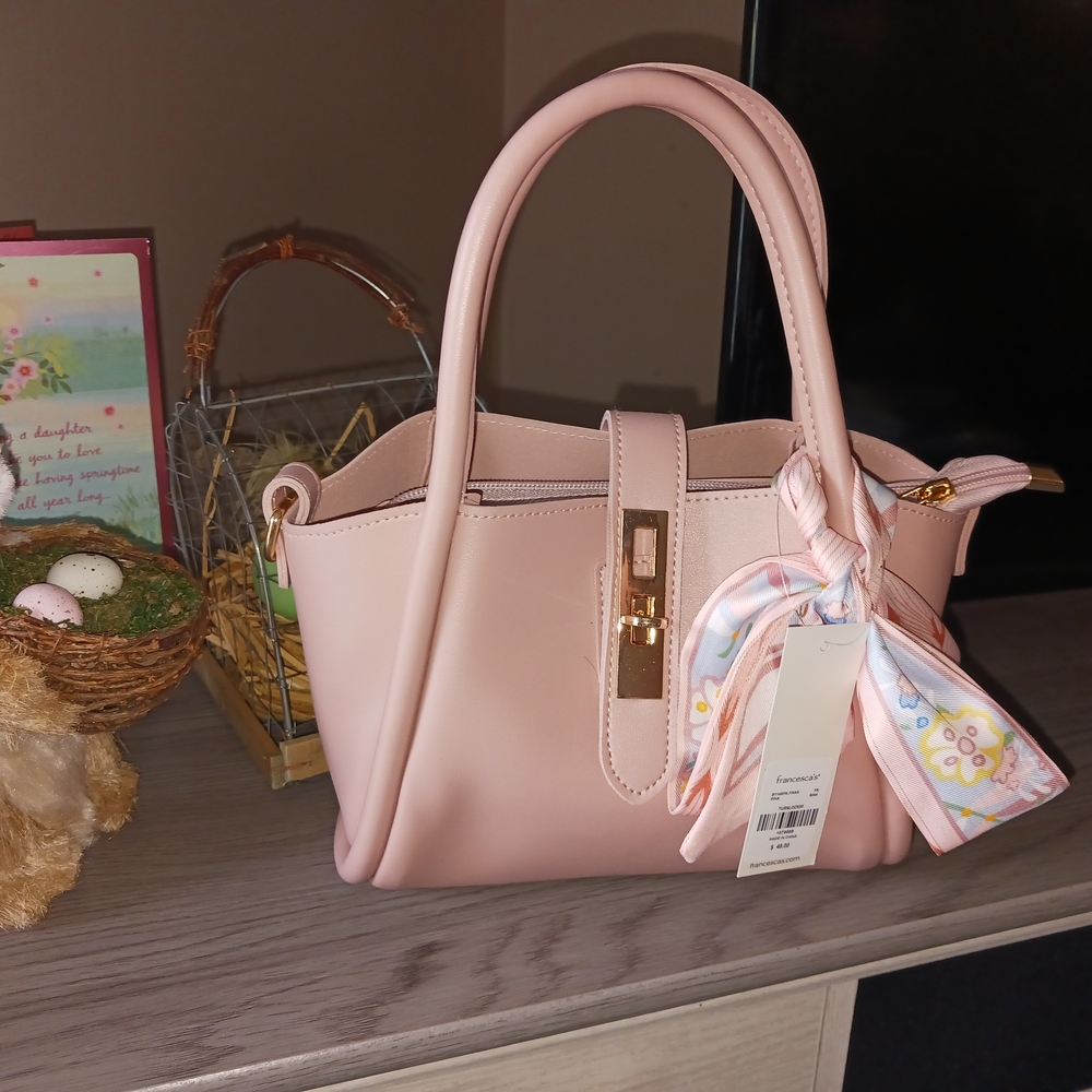 Blush Pink Structured Satchel Handbag with Decorative Scarf